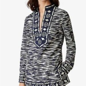 Tory Burch Tory Tunic Top Navy Space Dye Embellished Shisha Mirror Blouse Size 0